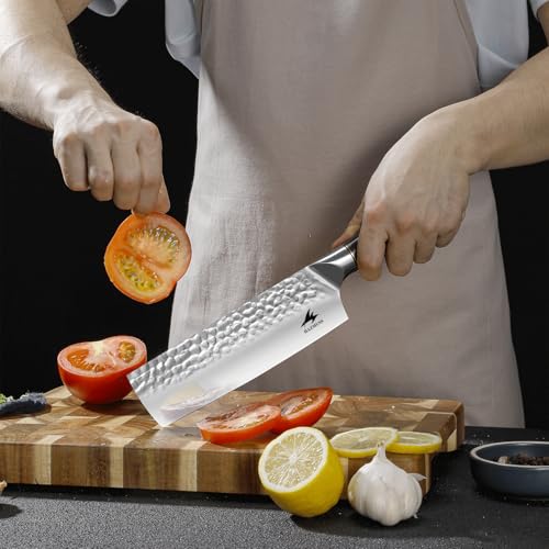 HAZMUSS 17,5 cm Nakiri-Messer aus Gehämmertem, Kohlenstoffreichen Edelstahl – Handgeschmiedetes Japanisches Küchenmesser mit Pakkaholzgriff, Scharfe Präzisionsklinge für Profi- und Privatküchen