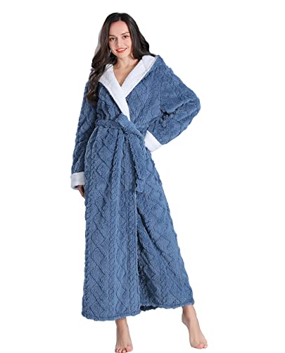 LKG Women Hooded Fleece Robe,Lightweight Plush Warm Winter Bathrobes for Women Full Length (Large, Blue)