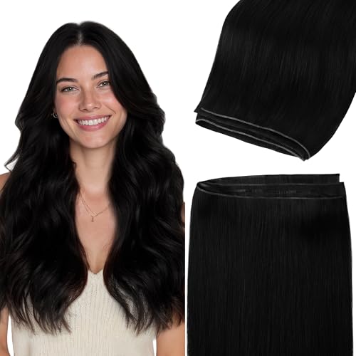Image of GOO GOO Genius Narrow Edge PU Weft Hair Extensions Human Hair, Invisible Sew in Hair Extensions Human Hair, 1 Jet Black 18 Inch 100g, Seamless Soft Lightweight