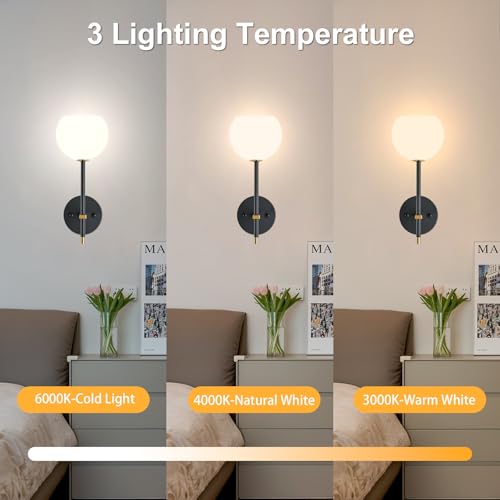 Image of Black Gold Battery Operated Wall Sconces Set of 2, Rechargeable Wireless Wall Lights with Milky White Frosted Glass, 12 RGB and 3CCT Dimmable, Wall Lamps with Remote for Bedroom Living Room Hallway