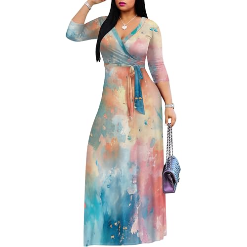 Image of PinkPatty Women's Print Maxi Dresses 3 /4 Sleeve Flowy Long Dress V Neck Wrap Tie Waist Sundress