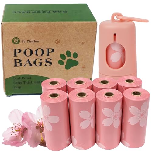 Pet Rhythm Cherry Blossom Scented Dog Poop Bags - 120 counts Pink Pet Waste Bags with Dispensers Extra Large 13x9 Inch Leak-Proof Fragrance Bags for Dogs Walking and Cat Litter