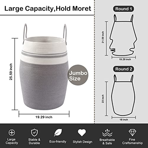 Oiahomy Laundry Hamper Woven Cotton Rope Large Clothes Hamper 25.6" Height Modern Curver Basket With Extended Cotton Handles For Storage Clothes Toys In Bedroom, Bathroom, Foldable #TOP2