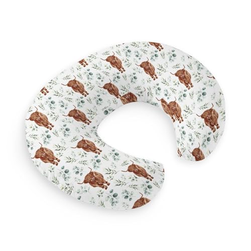 Image of HawSkgFub Highland Cow Eucalyptus Leaf Nursing Pillow Cover for Baby Boy, Western Farm Animal long horn cow Yak Breastfeeding Pillow Slipcover, cowboy Nursing Pillowcase for Newborn Infant, Cover Only