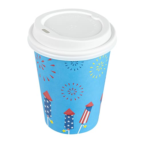 Restaurantware 12 oz Paper Coffee Cups with White Lids, 4th of July, 400 Ct