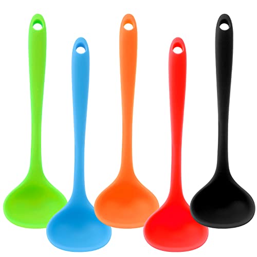 5 Pieces Silicone Ladles for Cooking - Small Soup Ladle Spoon Heat Resistant Kitchen Ladle Spoons, Cooking and Serving Spoon for Soup Sauce Chili Gravy Canning Pouring (5 Colors)