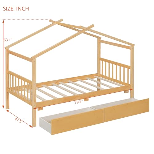Image of Twin Size House Platform Bed with Roof and 2 Drawers, Solid Wood House Daybed Frame with Headboard and Slat Support for Kids Teens Girls Boys Bedroom, Can Be Decorated (Natural-03, Twin)