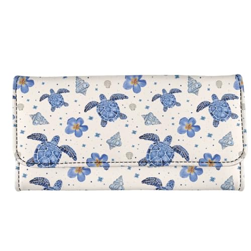 Image of AFPANQZ Womens Wallets RFID Blocking Leather Clutch Long Wallet for Women, Turtle Blue Floral Card Holder Phone Organizer Ladies Travel Purse Hollow Out