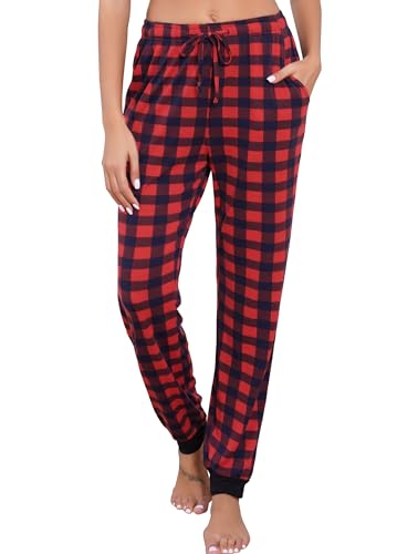 Vlazom Damen Karierte Schlafanzughose weich Pyjamahose für Frauen Jogginghose Lange blickdicht Sporthose（L，Rot Marineblaues Karo）