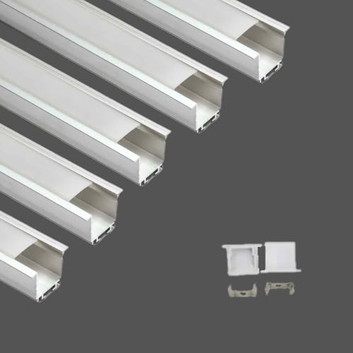 Image of (25x25mm LED Strip Light 1Meter Aluminium Rectangular Conciled Profile Light Channels with Diffused Cover, End Caps and Mounting Clips Without LED Straight Linear - Pack of 5