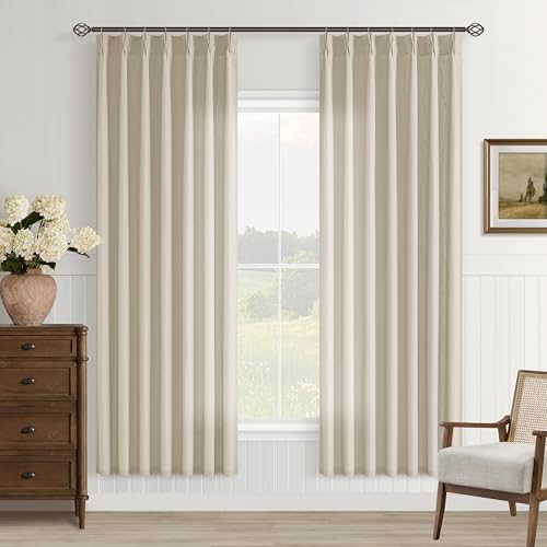 Image of Oatmeal Pinch Pleated Semi Sheer Linen Curtains 72 Inch Length for Bedroom | Non See Through Privacy, Drapes, Neutral Warm Beige, Apartment Bay Window Bedroom, Hook Rings Memory Shape, Burlap Textured