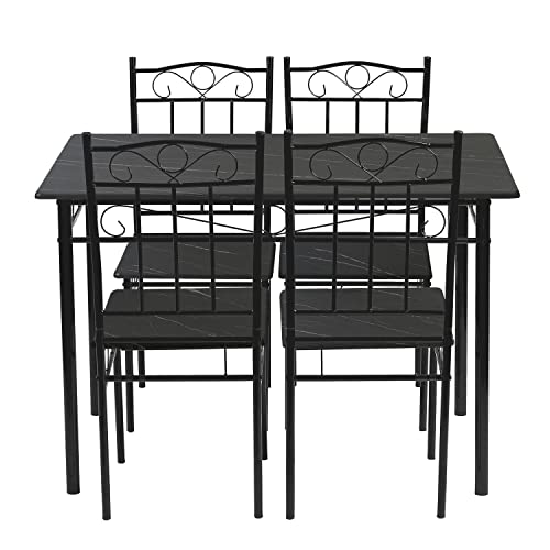 IPOTIUS Esszimmer-Set mit Esstisch und 4 Stühlen, Schwarze Marmorierter Esstisch und Stühle, Schwarze Metallbeine, für Esszimmer, Küche, Wohnzimmer