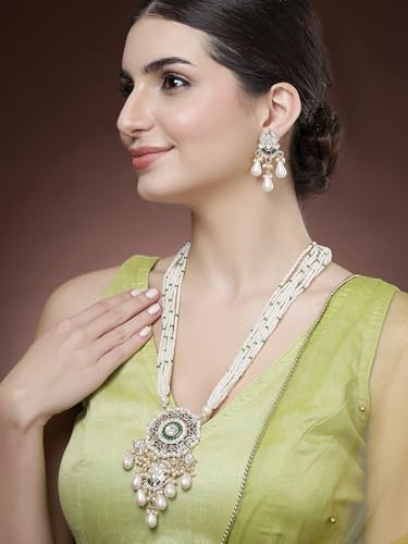 Image of Karatcart Red & Green Beaded Long Kundan Rani Haar Necklace Set for Women