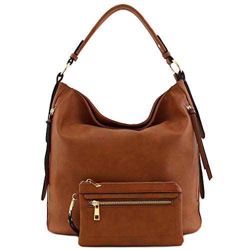 2pc Set Faux Leather Large Hobo Bag with Pouch Purse (Tan)