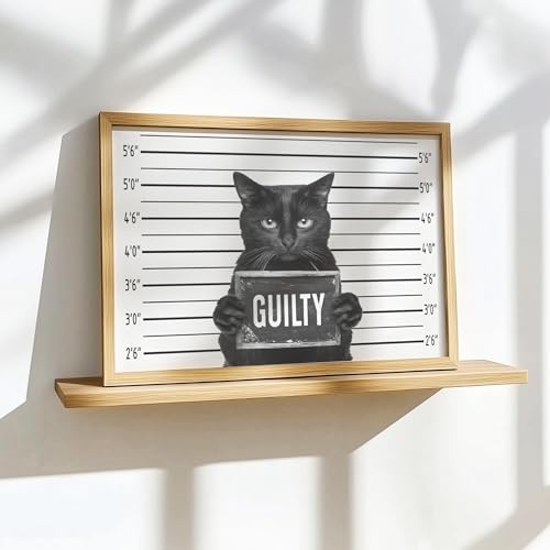 Image of aj decor Guilty Cat Mugshot B&W Wall Art Print Poster, Dog Pet Lover Picture Painting Artwork Bedroom Living Room Office Dining Room 151D (Guilty Cat Mugshot B&W, 11 inch W x 14 inch L, Wood Frame)