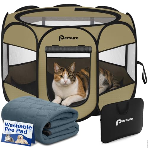 Image of Persure Dog Cat Pet Playpen Puppy Crate Cage for Indoor Outdoor Travel | Nursing Rest Zone Recovering Pet Quarantine Room Portable Pop Up Easy to Set up lightweight Carrying Bag(Khaki with Pad,Small