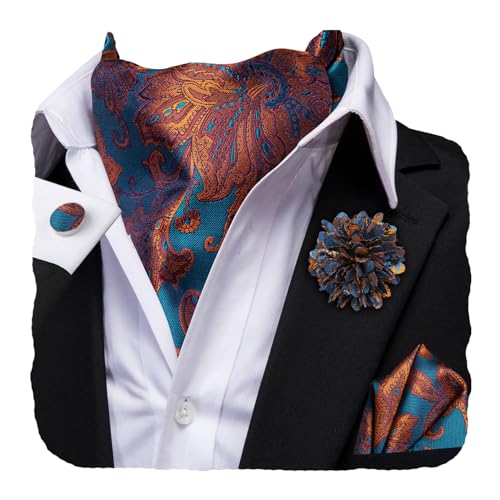Image of Hi-Tie Silk Ascot for Men Self Tie Men's Cravat and Flower Lapel Pin Handkerchief Cufflinks Set for Wedding Party