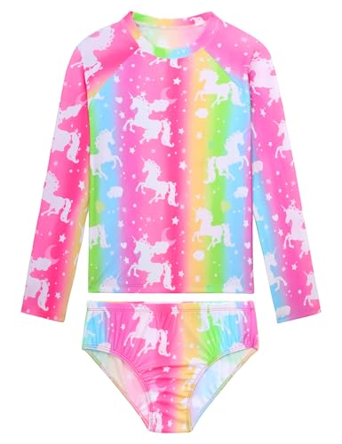 Girls Swimsuit Size 3t 4t Rainbow Unicorn Two Pieces Long Sleeves Rash Guard Toddler Summer Beach Swimwear