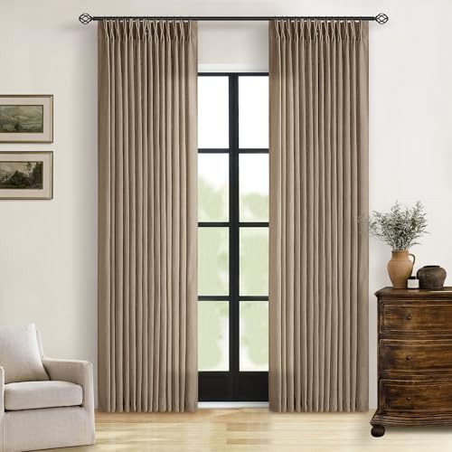 Image of 80 Inch Pinch Pleated Linen Curtains 2 Panels for Living Room Bedroom Boho Farmhouse Light Copper Brown Tan Latte Semi Sheer Back Tab Pinch Pleat with Hooks Rings Window Curtain 80 Inches Long