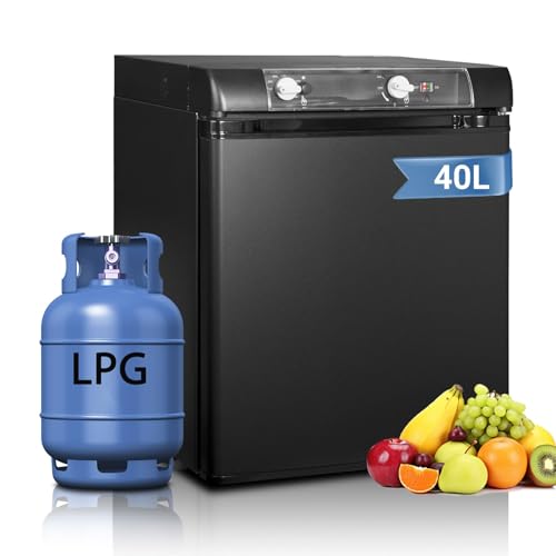 Techomey Frigo Trimixte 12V 220V Gaz, 40L, Frigo Gaz pour Camping, Silencieux avec Porte Réversible, pour Maison, Camping car, Caravane, Gîte, Mobile-home, Noir