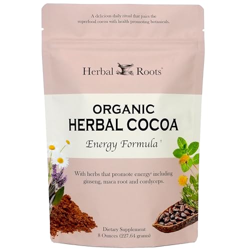 Herbal Roots Organic Energy Herbal Cocoa Powder - Certified USDA Organic - Energy, Stamina &amp; Endurance Support - 28 Servings