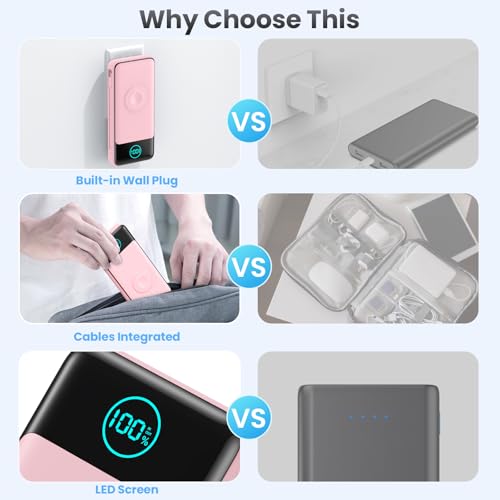 Image of Portable Charger for iPhone with Built-in Cables and AC Wall Plug,26800mah Fast Charging USB C Power Bank,25W PD Travel Essential Battery Pack for iPhone 17 /16 /15 /14 /13,Galaxy,Apple Watch (Pink)