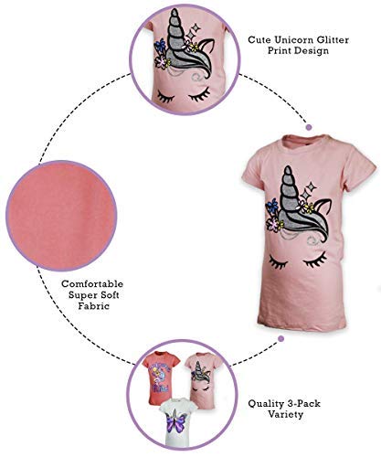 MISS POPULAR Girls 3-Pack Super Soft Short Sleeve T-Shirts Unicorn Butterfly Glitter Print Cute Design| Sizes 7-164