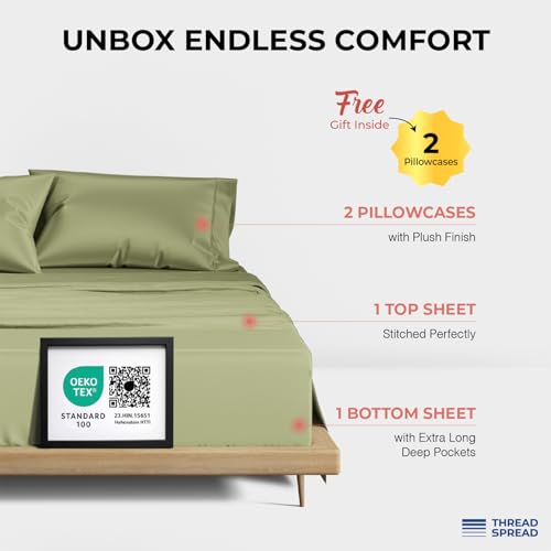 Image of THREAD SPREAD 100% Egyptian Cotton Queen Sheets Set - 1200 Series Plush Collection Luxury Egyptian Cotton Sheets Queen Size Deep Pocket (4 PC, Sage Green), Soft, Cooling, Sateen Weave Sheet Set