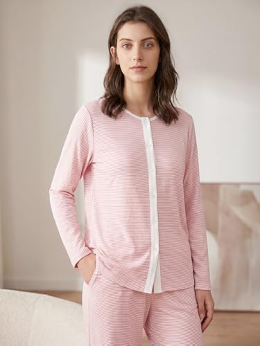 Image of Latuza Women's Petite Cotton Pajama Set Striped Button Down Pjs