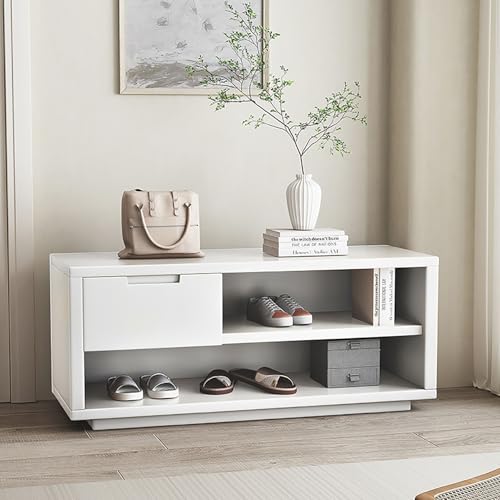 Banco Zapatero con Cajón y Estantes, Mueble Zapatero Entrada con Cajones, Banco de Almacenaje para Zapatos Salón Pasillo Dormitorio Baño,Blanca,60×35×42cm