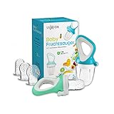 Luxior Fruchtsauger Baby Set blau/grün / 2 Fruchtsauger für Baby + 6 Aufsätze/Schnuller zum Befüllen mit Obst, Gemüse & Baby Essen/Fruchtsauger Baby ab 3 Monate/BPA-freie Zahnungshilfe