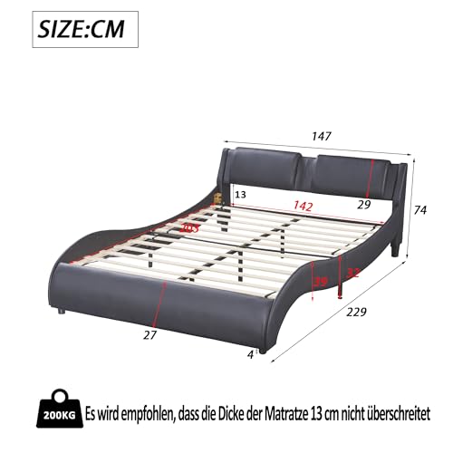 Moimhear Polsterbett 140 * 200cm Kunstlederbett mit Ambient Light Bettgestell mit Lattenrost