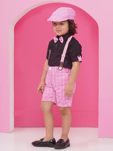 Image of AJ DEZINES Kids Clothing Cotton Blend Checkered Printed Shirt Shorts With Cap and Suspenders Set for Boys