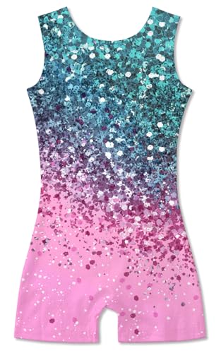 funnycokid girls gymnastics leotards with shorts sparkle dance unitards mermaid active biketards 2-10 years
