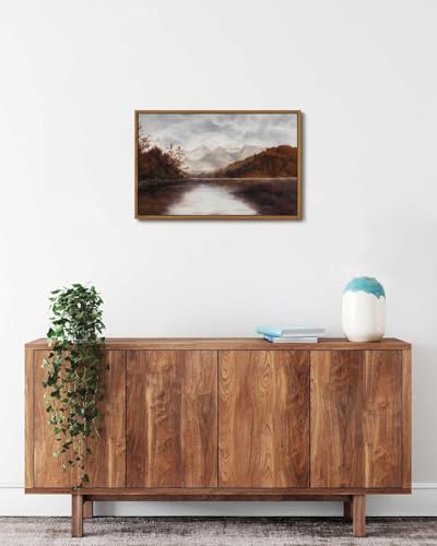 Image of KISSFOX Vintage Fall Countryside Framed Wall Art Autumn Lake Mountain Forest Landscape Canvas Art Farmhouse Nature Paintings Artwork Rustic Serene Art Prints For Kitchen Living room Bedroom