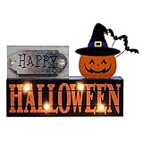 DECSPAS Halloween Decorations Indoor, Large Size 2-Layered Wood Block with LEDs and Pumpkin Face, Happy Halloween Sign Decorations for Home, Tabletop Gothic Decor for Party Shelf, Table, Mantel