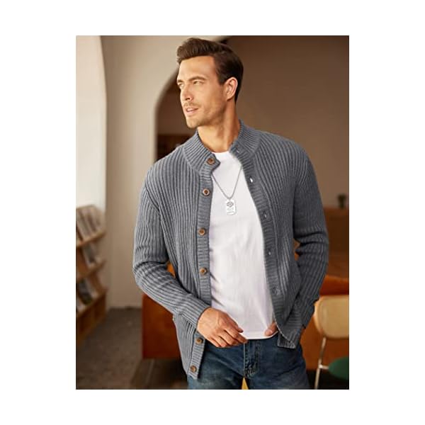 COOFANDY Men's Cardigan Sweaters Stand Collar Button Down Ribbed Knitted Sweater with Pockets Gray - Image 5