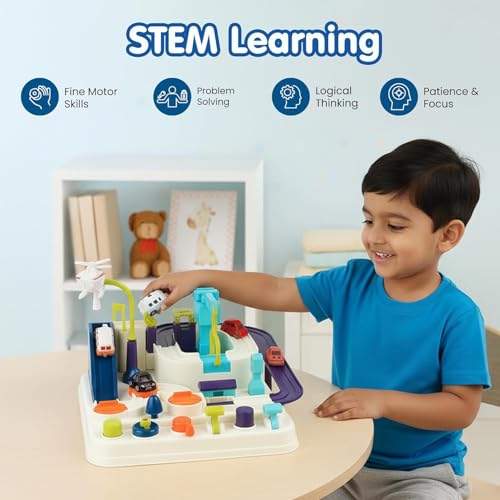 Image of Kidology Car Race Tracks Toy | Car Adventure Toy for 0-3 Years, Boys, Girls & Kids | Playset City Rescue Activity for Toddlers | Pre Educational Learning Puzzle Gift for Babies (Mechanical 4 Cars)