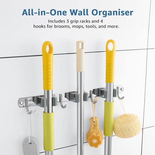 Image of Amazon Basics Broom and Mop Holder Wall Mount | Stainless Steel | 3 Racks & 4 Hooks | Tool Organiser for Kitchen, Bathroom, Garage | 3.8L x 38W x 4.6H cm