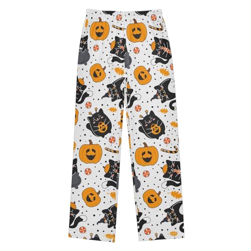 Black Cat Evil Pumpkin Boys Long Pants Soft Trousers Elastic Waist Kids Lounge Bottoms with Pockets S-XL