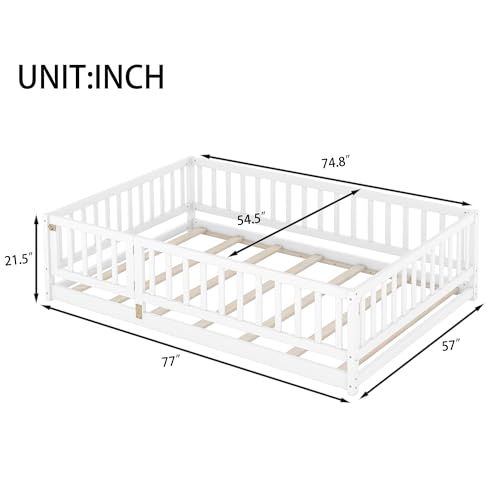 Image of Bellemave Full Size Kids Montessori Floor Bed with Door,Solid Wood Floor Bed Frame with Slats and High Fence for Kids,Girls,Boys,White