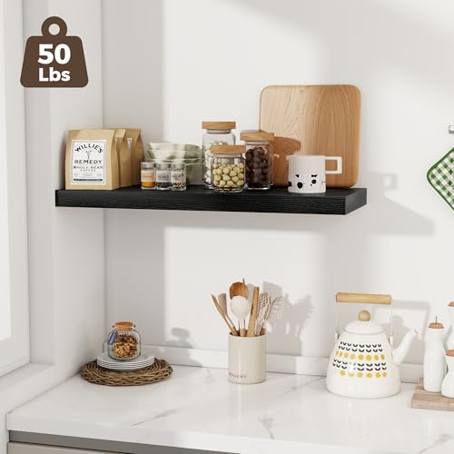 Image of Fun Memories 12 Deep Floating Shelves for Wall | 30W x 12D Large Floating Shelves | 2 Pack Storage Space Wall Mount Shelf for Living Room Bathroom Toilet Laundry Room Kitchen Home Office - Black