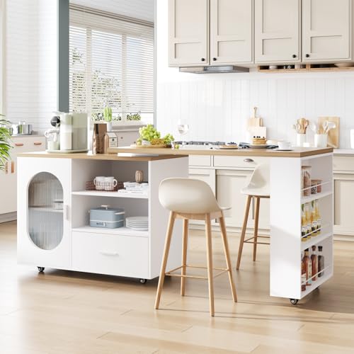 IBF Isola Cucina Indipendente Con Piano Di Lavoro Su 7 Ruote Armadio Cucina Carrello Cucina Isola Cucina Moderna Mobile Con Piano In Legno Girevole 360 Gradi E Cassetto Bianco 184 cm