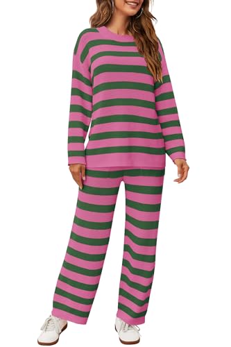 Panadila Womens Oversized Lounge Sets Striped Sweater Set 2 Piece Pajama Set Long Sleeve Top and Pants with Pockets2