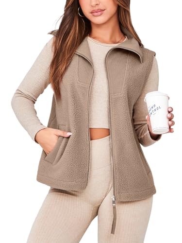 Glamaker Womens Fleece Vest Top Sleeveless Fuzzy Zip Up V Neck Sherpa Jacket Casual Outwear with Pocket