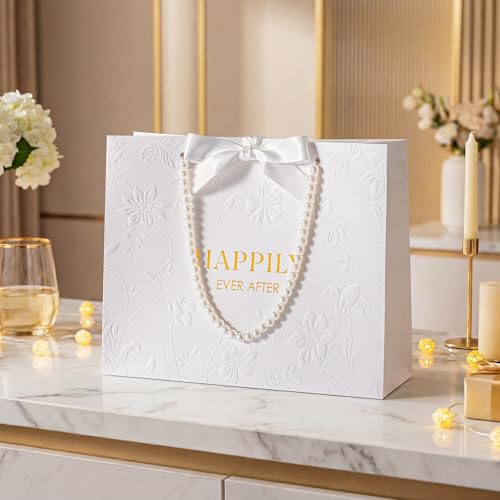 Crisky 13" Embossed Wedding Gift Bag with Pearl Handles, Large Bridal Shower Gift Bag with Greeting Card Tissue Paper Envelopes (Happily Ever After) for Bride, Women, Friends Engagement Party - Image 5