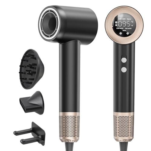 Asciugacapelli con Motore ad Alta Velocità da 140.000 giri/min, Phon Capelli a Basso Rumore da 59 dB, 300 Milioni di Ioni Negativ con 4 Temperature e 2 Velocità, con Diffusore e Concentratori, Nero