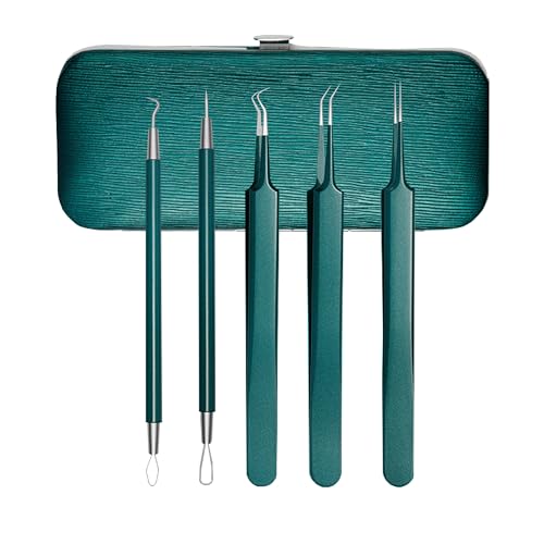 Lusostka Pimple Popper Tool Kit, Removing Comedone Tweezers Extractor Removal Whitehead Popping Zit for Nose Face Skin Blemish Extractor Tool -5Pcs (Green)