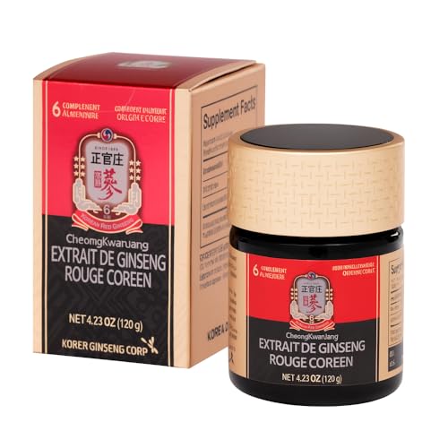 Jung Kwan Jang 100% Coréen extrait de ginseng rouge, 120g, Booster d'énergie naturelle, Soutien immunitaire et stress éclaircissement/Sucre et caféine...