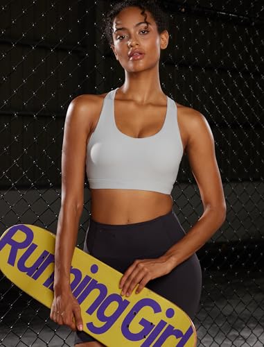 RUNNING GIRL Sports Bra for Women High Support, Criss-Cross Back Padded Strappy Black Sports Bras Yoga Bra with Removable Cups(2353_Grey_XS)